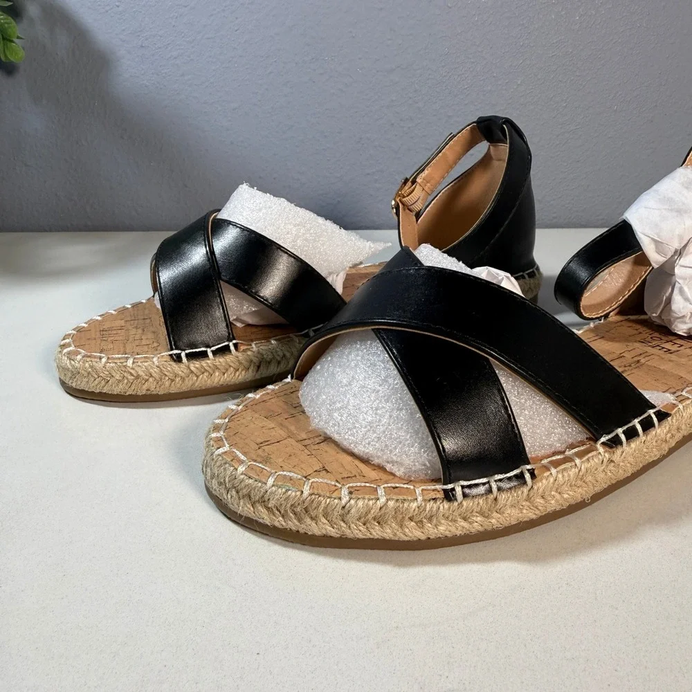 Journee Collection Women Black Espadrille Flat Sandals Ankle‎ Strap Size 8W